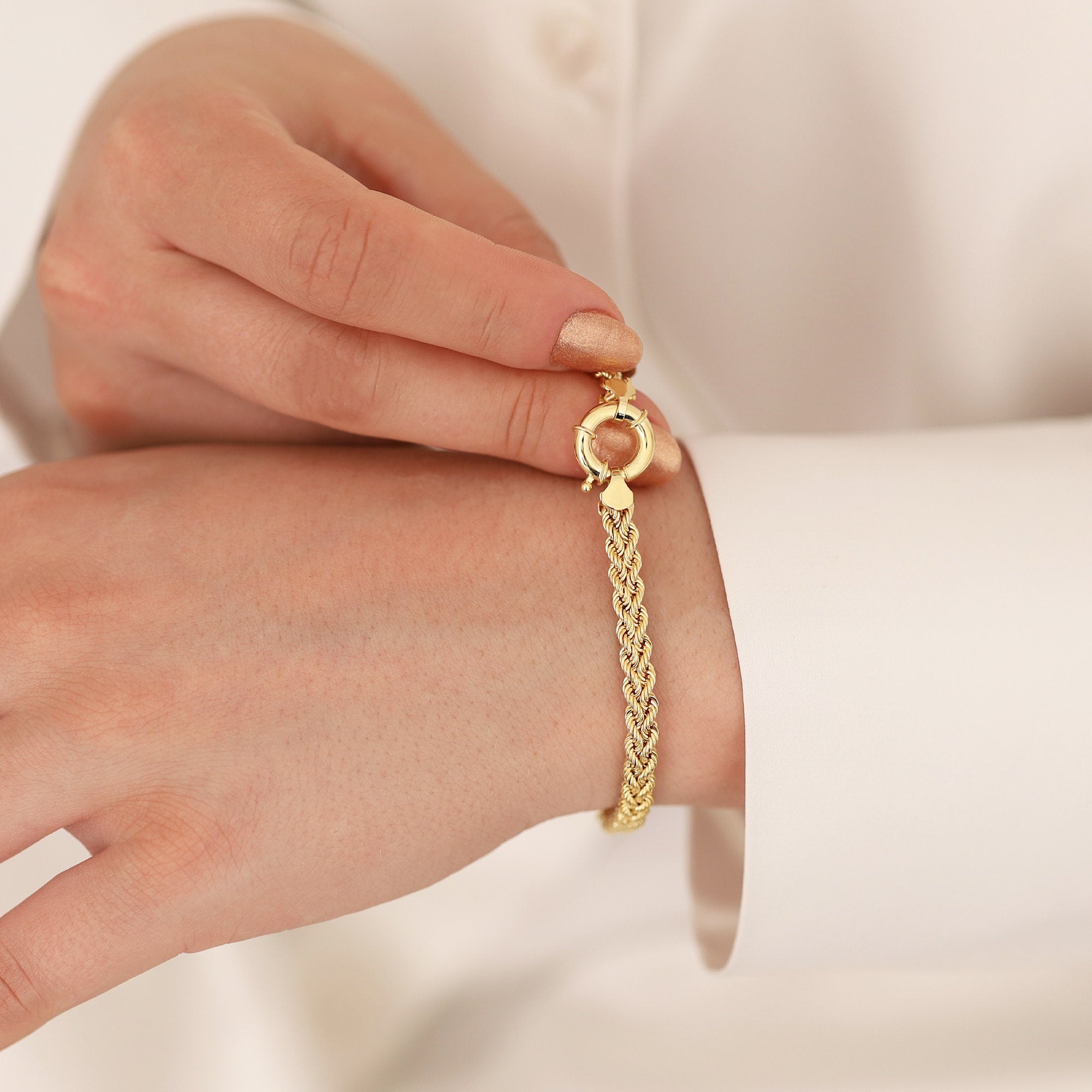 14k Gold | Rope - Wheat Chain Bracelet with Sailor Lock Clasp