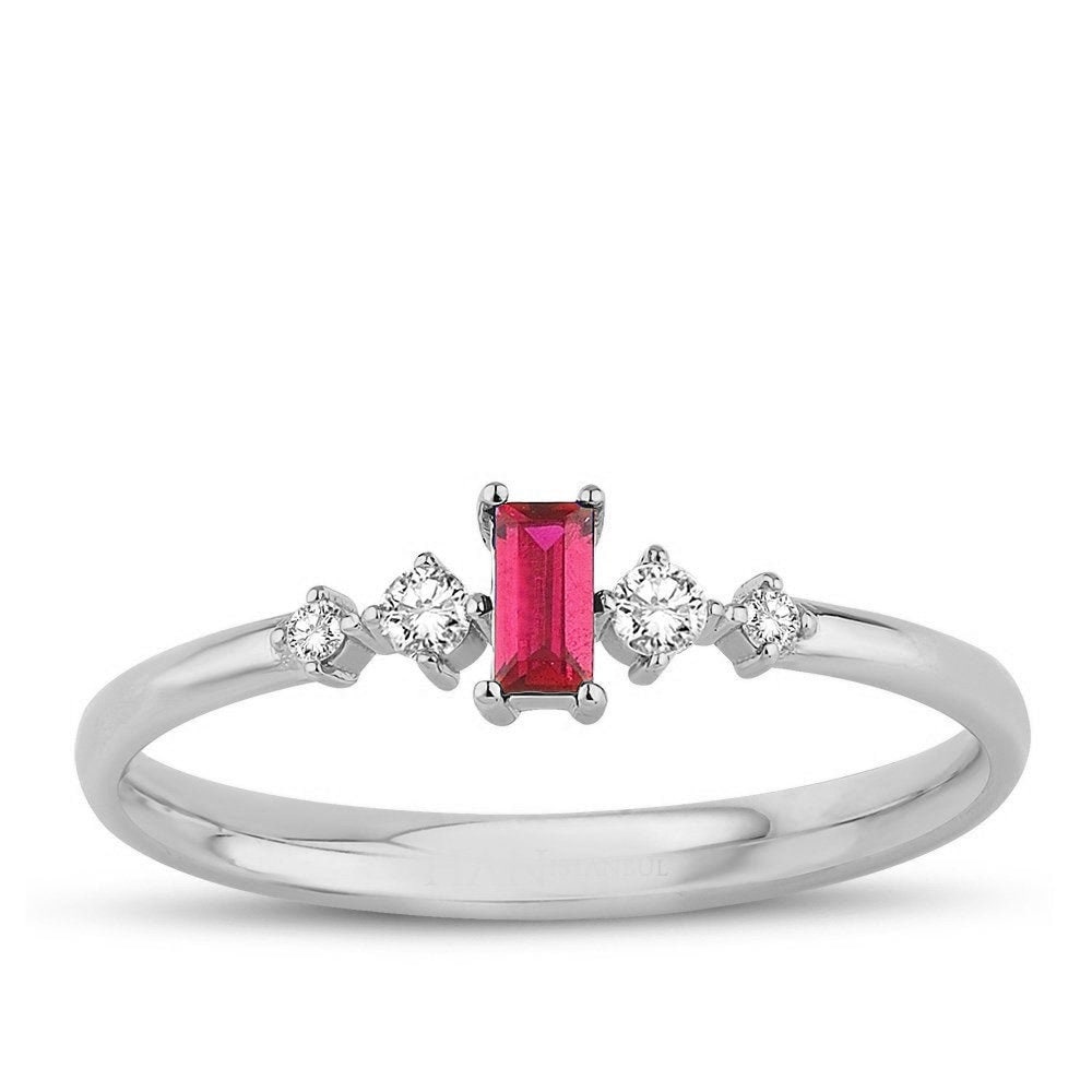 14k Gold | Baguette Cut Red Ruby with Diamond Ring