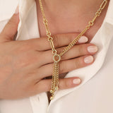 14k Gold | Oval Paperclip & Double Curb Chain Lariat Necklace