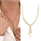 14k Gold | Oval Paperclip & Double Curb Chain Lariat Necklace