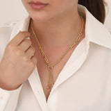 14k Gold | Oval Paperclip & Double Curb Chain Lariat Necklace