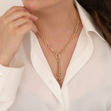 14k Gold | Oval Paperclip & Double Curb Chain Lariat Necklace