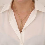 14k Gold | Oval Paperclip & Double Curb Chain Lariat Necklace