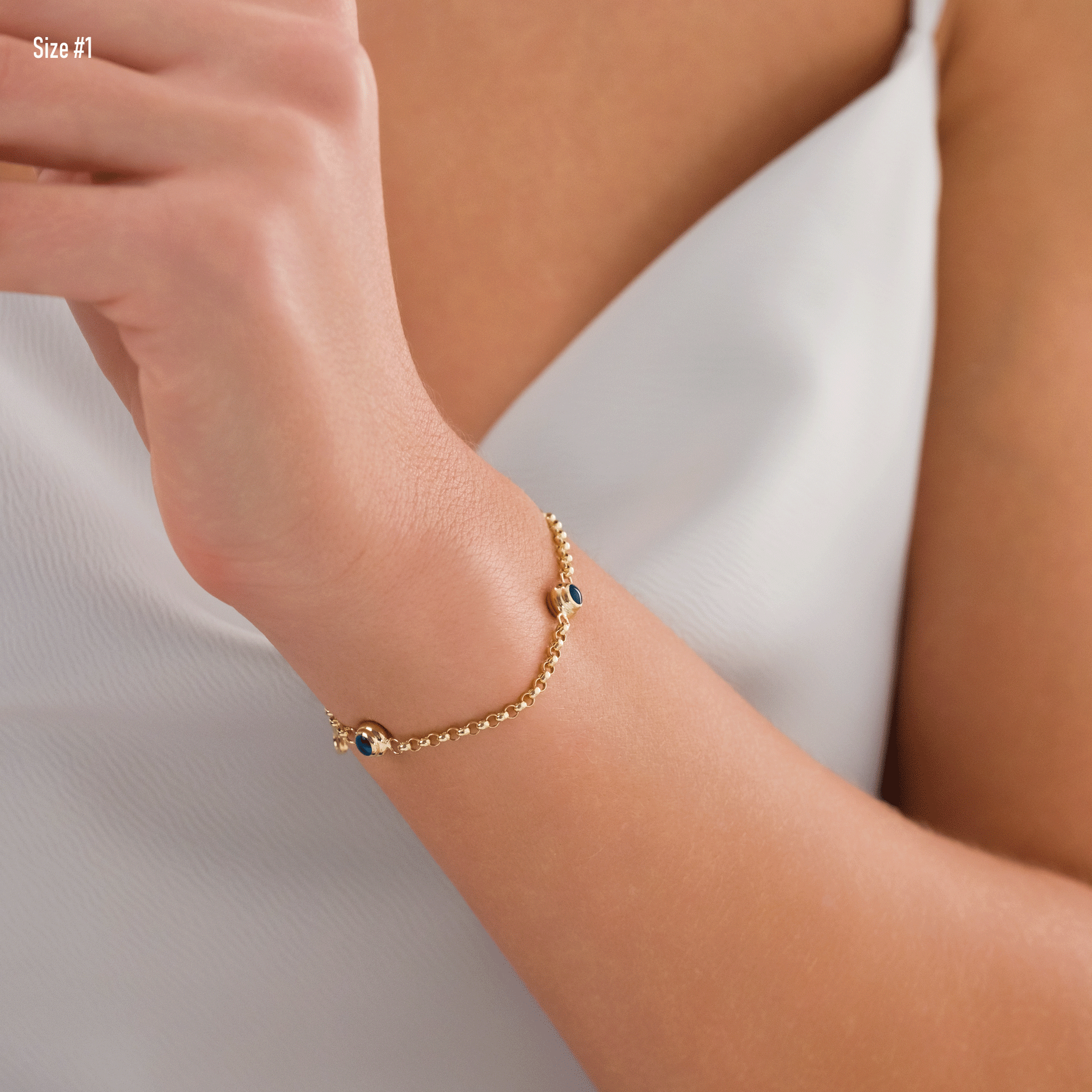 14k Gold Evil Eye Rolo Charm Bracelet