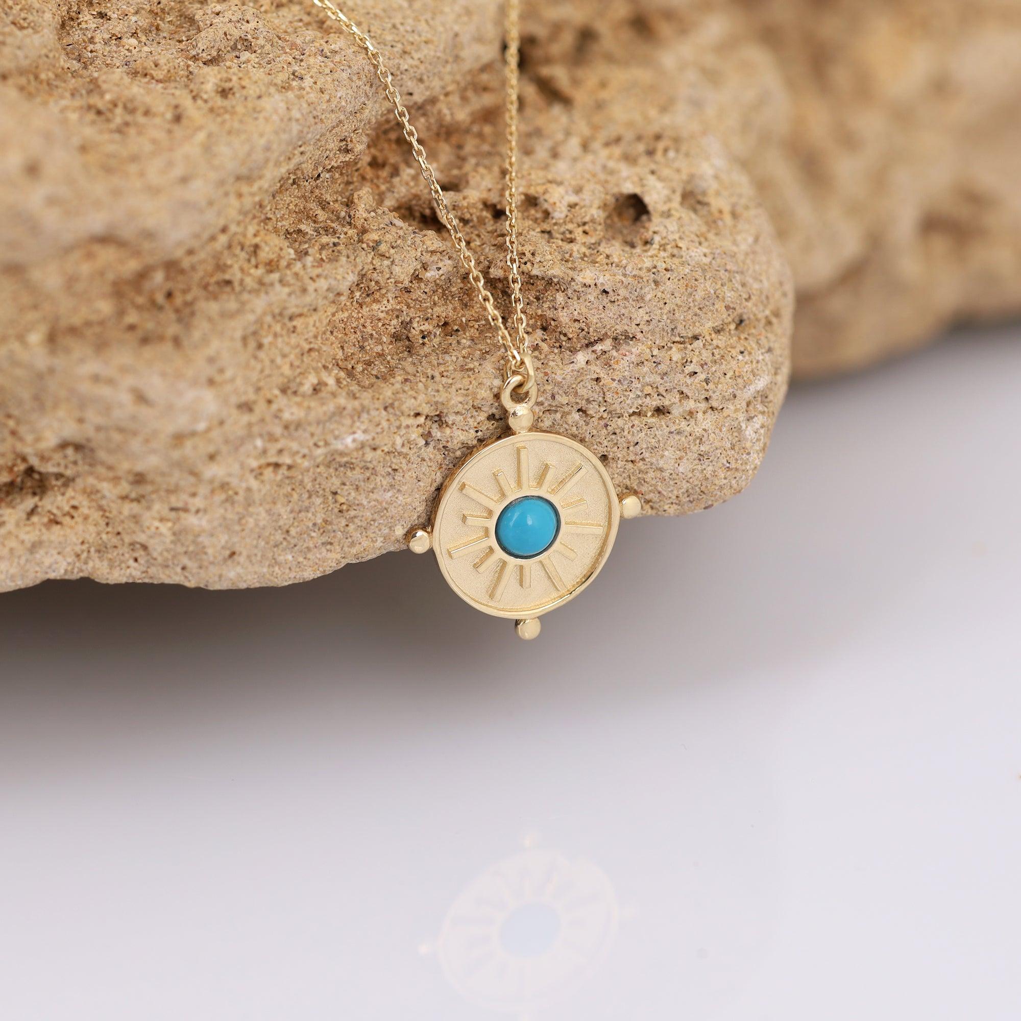 14k Gold Blue Turquoise Disc Necklace - DionJewel