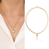14K Gold Heart Charm Oval Paperclip & Double Curb Chain Necklace - DionJewel