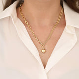 14K Gold Heart Charm Oval Paperclip & Double Curb Chain Necklace - DionJewel