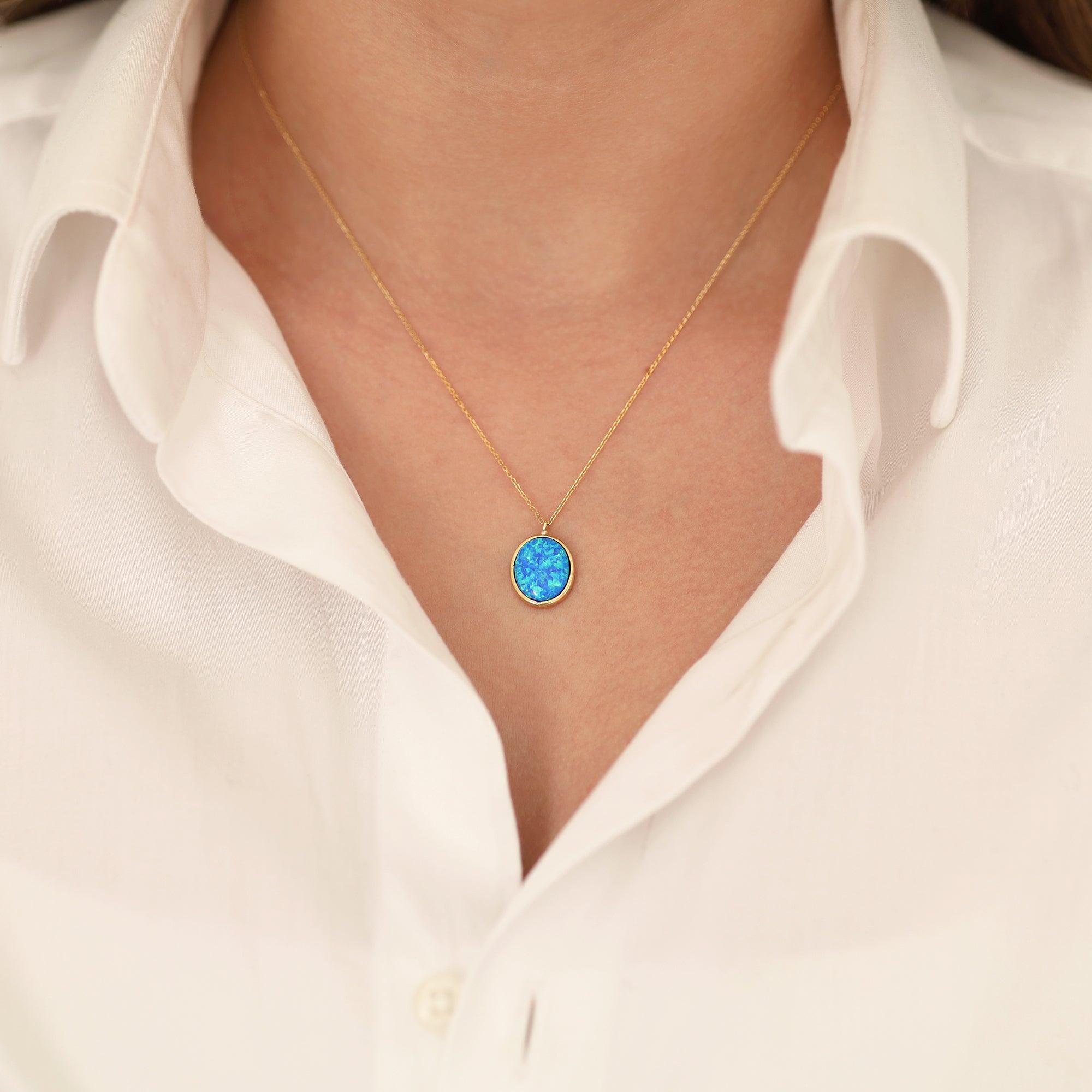 14K Gold Oval Blue Opal Necklace - DionJewel
