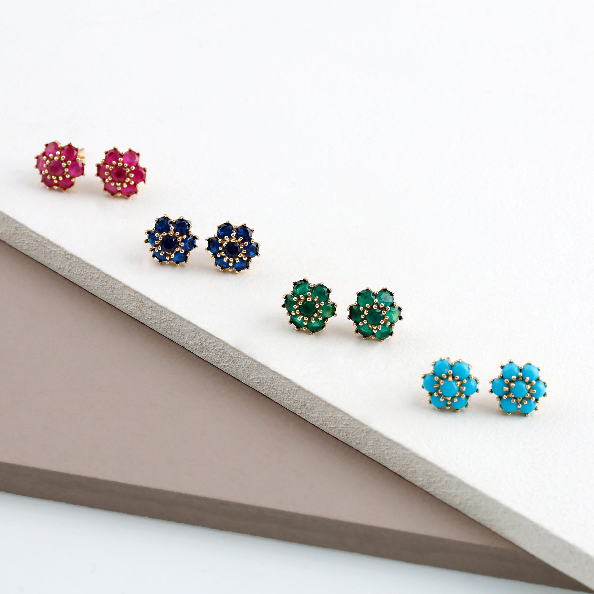 14k Gold | Sapphire Hexagon Flower Stud Earrings