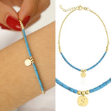 Blue Turquoise Bracelet with Gold Beads & Engravable Coin