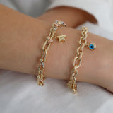 14K Gold Chain Evil Eye Bracelet | Heart Charm Chain Jewelry, Good Luck Bracelet, Star Charm Bracelet, Thick Chain Bracelet, Graduation Gift