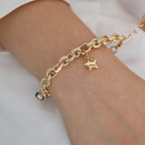 14K Gold Chain Evil Eye Bracelet | Heart Charm Chain Jewelry, Good Luck Bracelet, Star Charm Bracelet, Thick Chain Bracelet, Graduation Gift