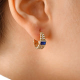 14k Gold | Baugette Blue Zircon Huggie Hoop Earrings with Bezel Setting